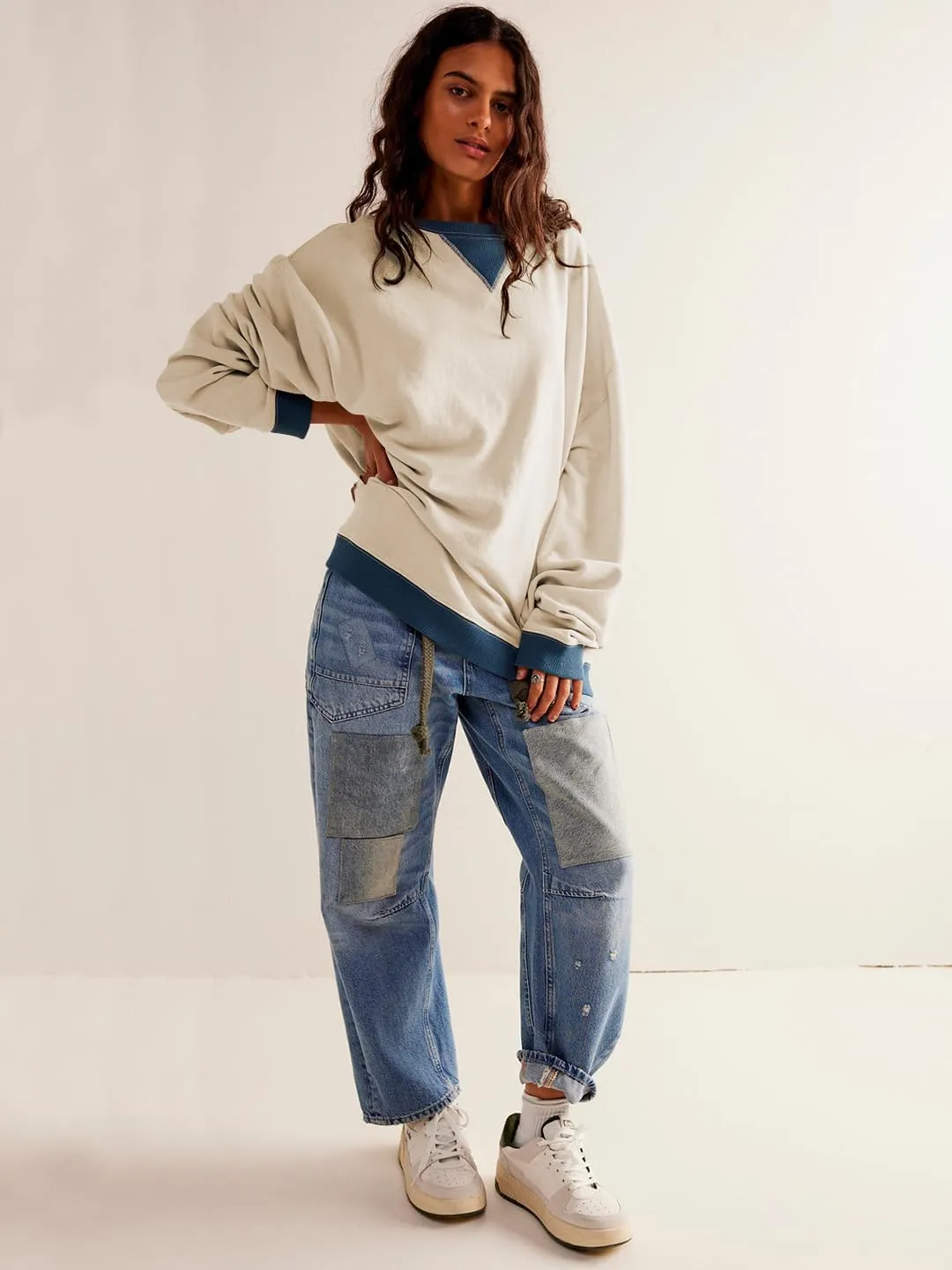 Women's Oversized Sweatshirt Casual Crewneck Shirt Long Sleeve Color block Pullover Tunic Tops
