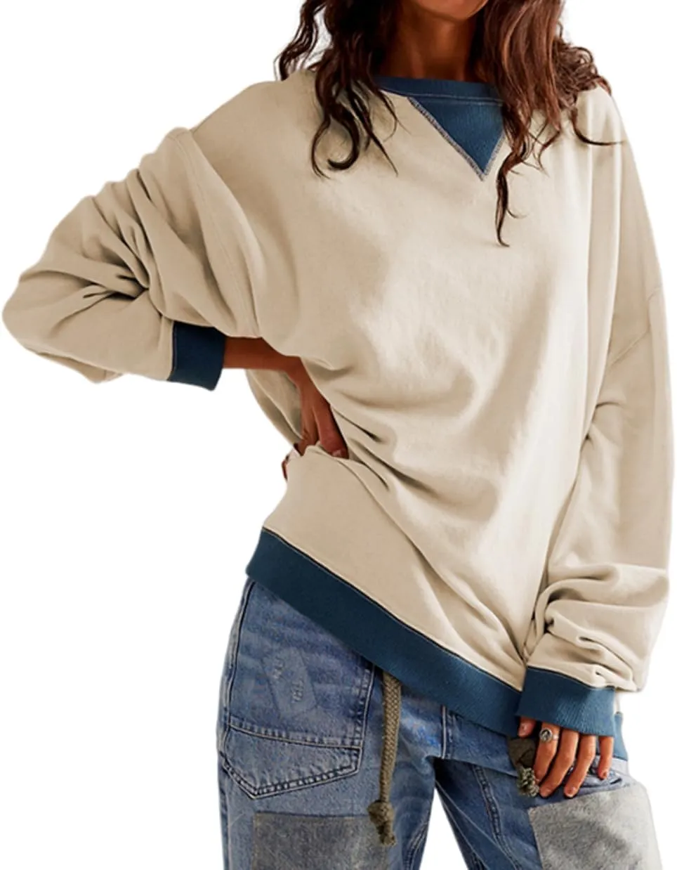 Women's Oversized Sweatshirt Casual Crewneck Shirt Long Sleeve Color block Pullover Tunic Tops