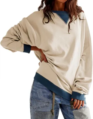 Women's Oversized Sweatshirt Casual Crewneck Shirt Long Sleeve Color block Pullover Tunic Tops