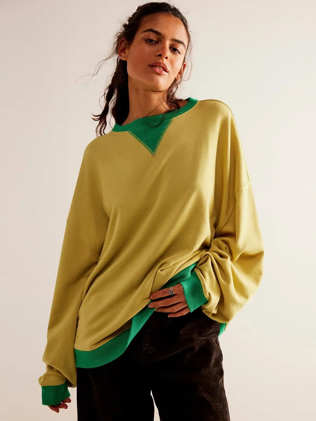 Women's Oversized Sweatshirt Casual Crewneck Shirt Long Sleeve Color block Pullover Tunic Tops