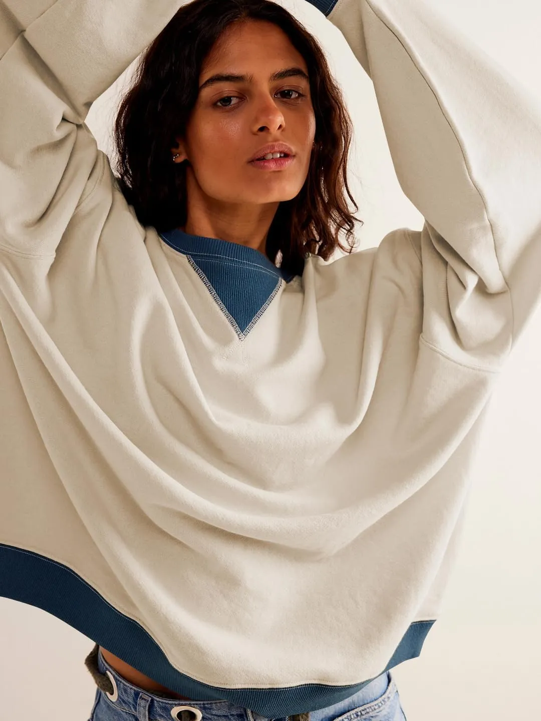 Women's Oversized Sweatshirt Casual Crewneck Shirt Long Sleeve Color block Pullover Tunic Tops