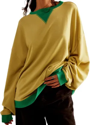 Women's Oversized Sweatshirt Casual Crewneck Shirt Long Sleeve Color block Pullover Tunic Tops