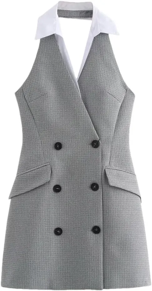 Women's Patchwork Elegant Tartan Print gray9 Tank Dresses Sexy Mini Dress