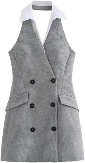 Women's Patchwork Elegant Tartan Print gray9 Tank Dresses Sexy Mini Dress