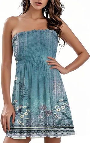 Womens Sexy Strapless Summer Mini Dress Sleeveless Smocked A Lined Bubble Wedding Party Dress Beach Vacation Clothes
