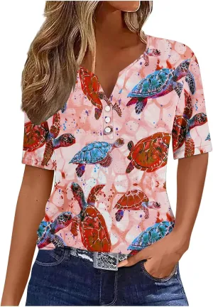 Womens Short Sleeve Tops Summer Fashion Animal Print T Shirt Casual V Neck Button Blouses Sea Turtle Graphic Tees