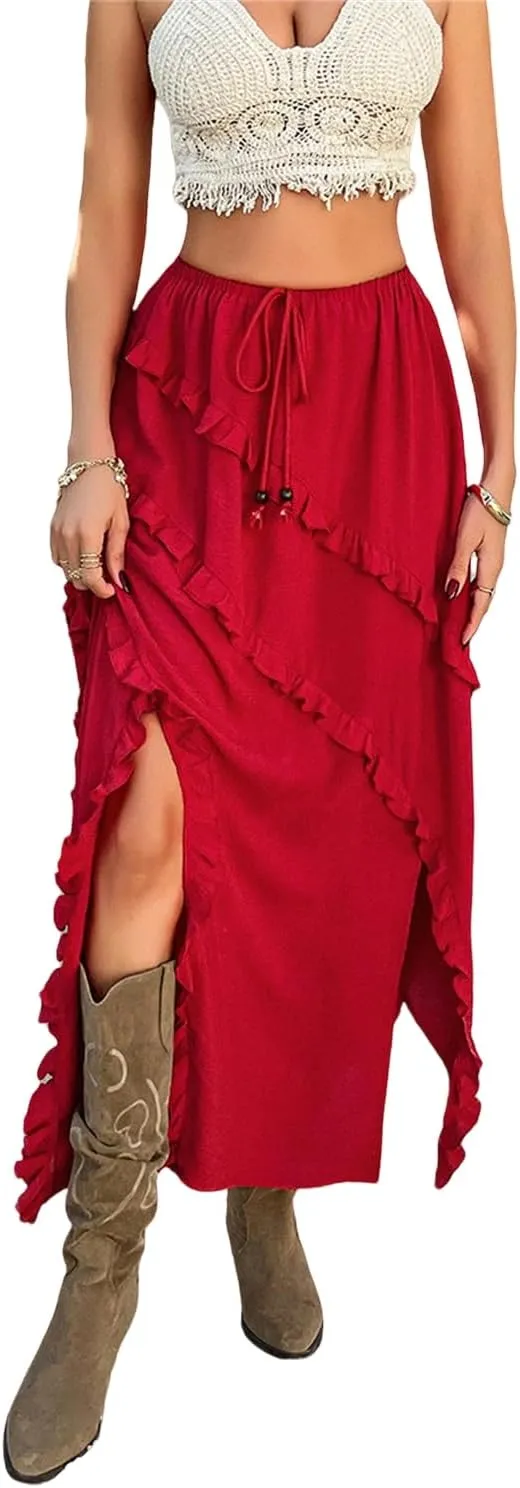 Women's Skirt, Summer Boho Vacation Solid Color Lace Front Self Tie Knots Ruffle Hem Split Midi Skirt