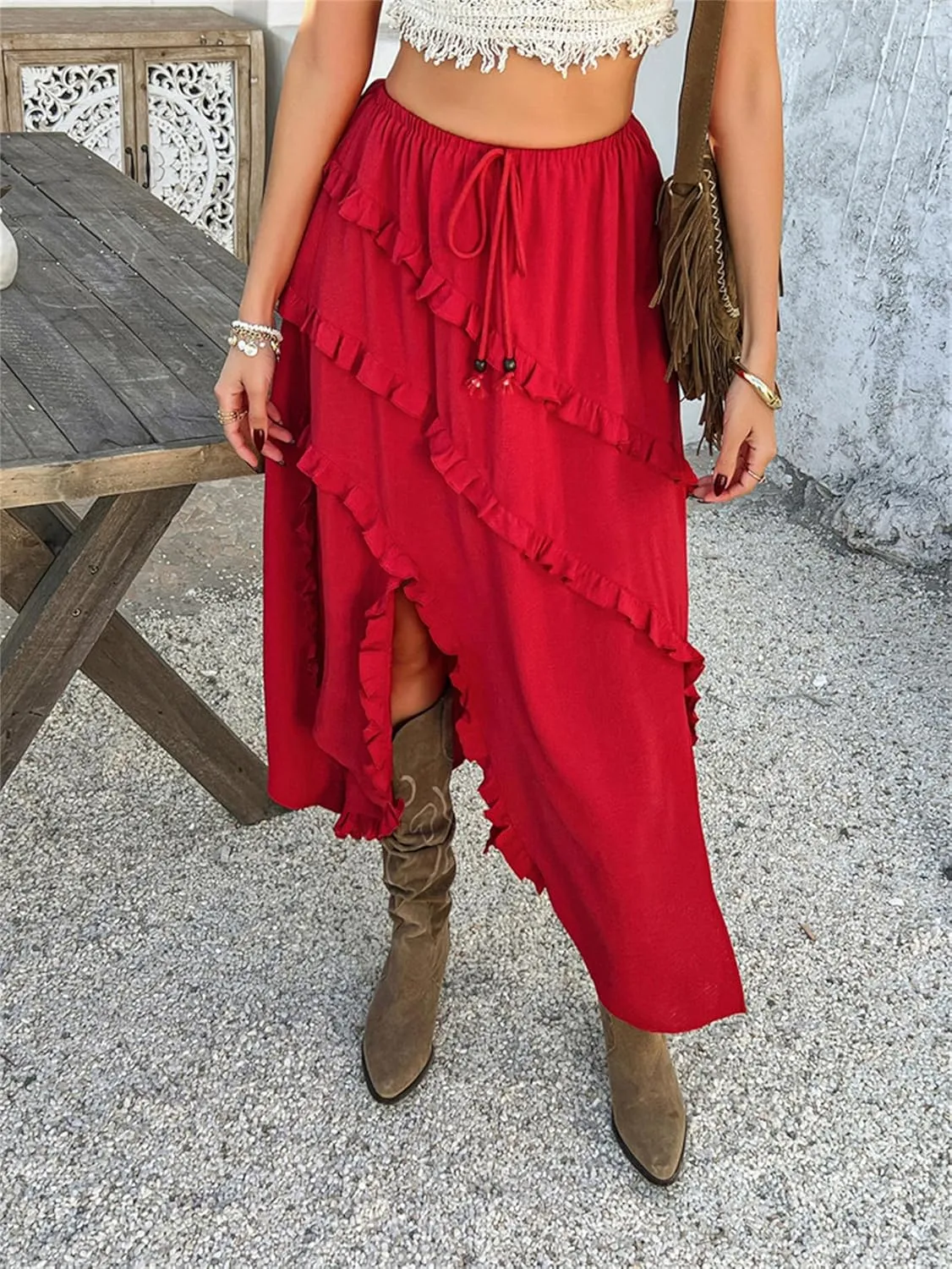 Women's Skirt, Summer Boho Vacation Solid Color Lace Front Self Tie Knots Ruffle Hem Split Midi Skirt