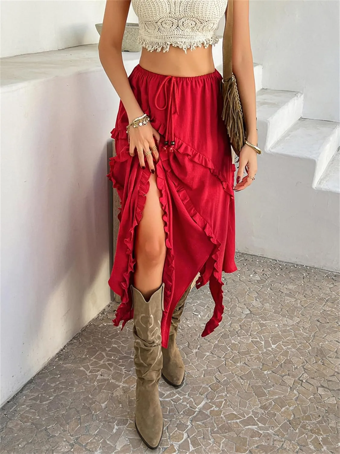 Women's Skirt, Summer Boho Vacation Solid Color Lace Front Self Tie Knots Ruffle Hem Split Midi Skirt
