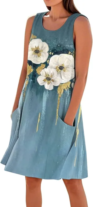 Women's Sleeveless Dresses Flowy Casual Sundress Floral Printed 2025 Summer Comfy Dress Beach Loose Dress with Pockets