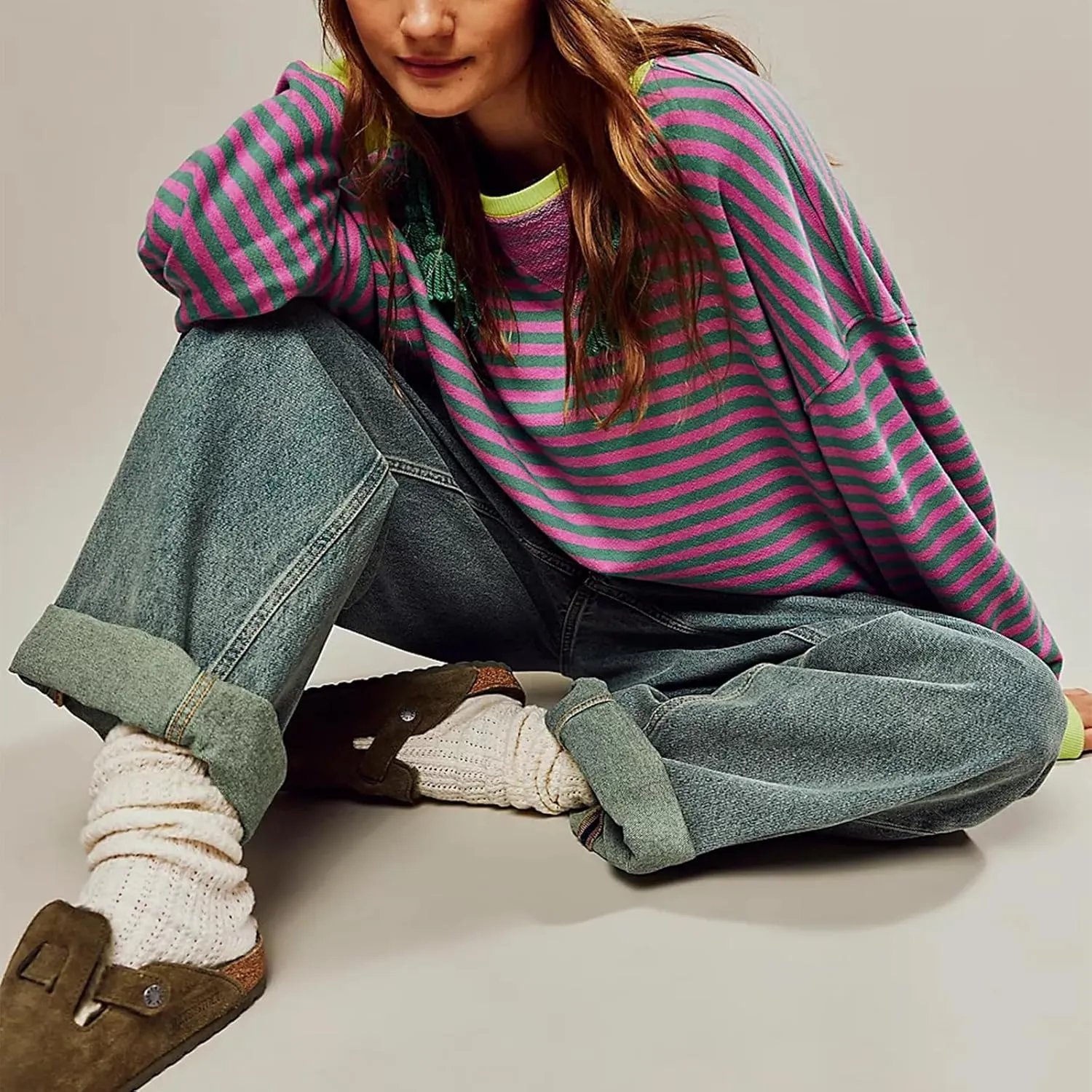 Women's Striped Oversized Sweatshirt Long Sleeve Crewneck Hoodies Shirts 2024 Y2k Casual Colorblock Pullover Top
