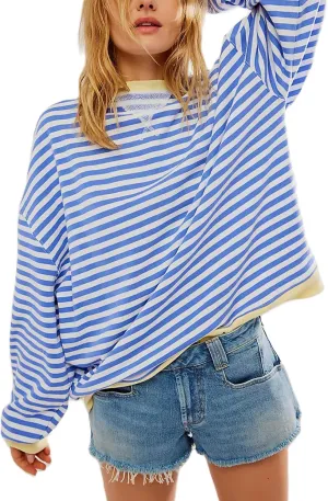 Women's Striped Oversized Sweatshirt Long Sleeve Crewneck Hoodies Shirts 2024 Y2k Casual Colorblock Pullover Top