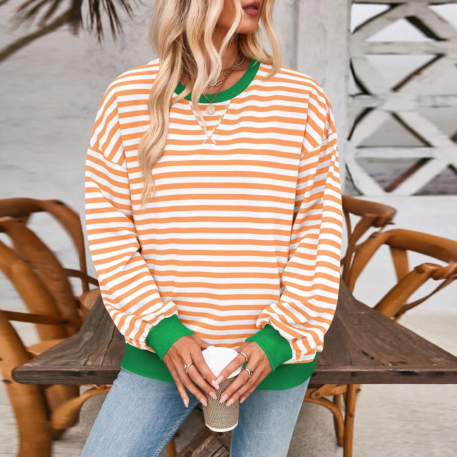 Women's Striped Oversized Sweatshirt Long Sleeve Crewneck Hoodies Shirts 2024 Y2k Casual Colorblock Pullover Top