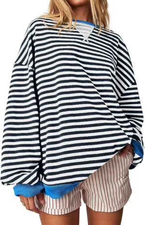 Women's Striped Oversized Sweatshirt Long Sleeve Crewneck Hoodies Shirts 2024 Y2k Casual Colorblock Pullover Top