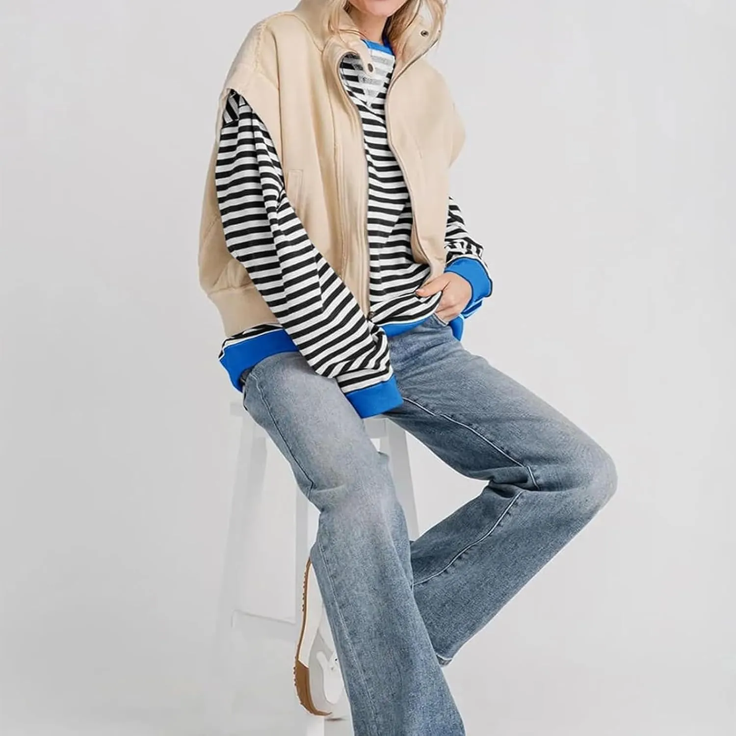 Women's Striped Oversized Sweatshirt Long Sleeve Crewneck Hoodies Shirts 2024 Y2k Casual Colorblock Pullover Top