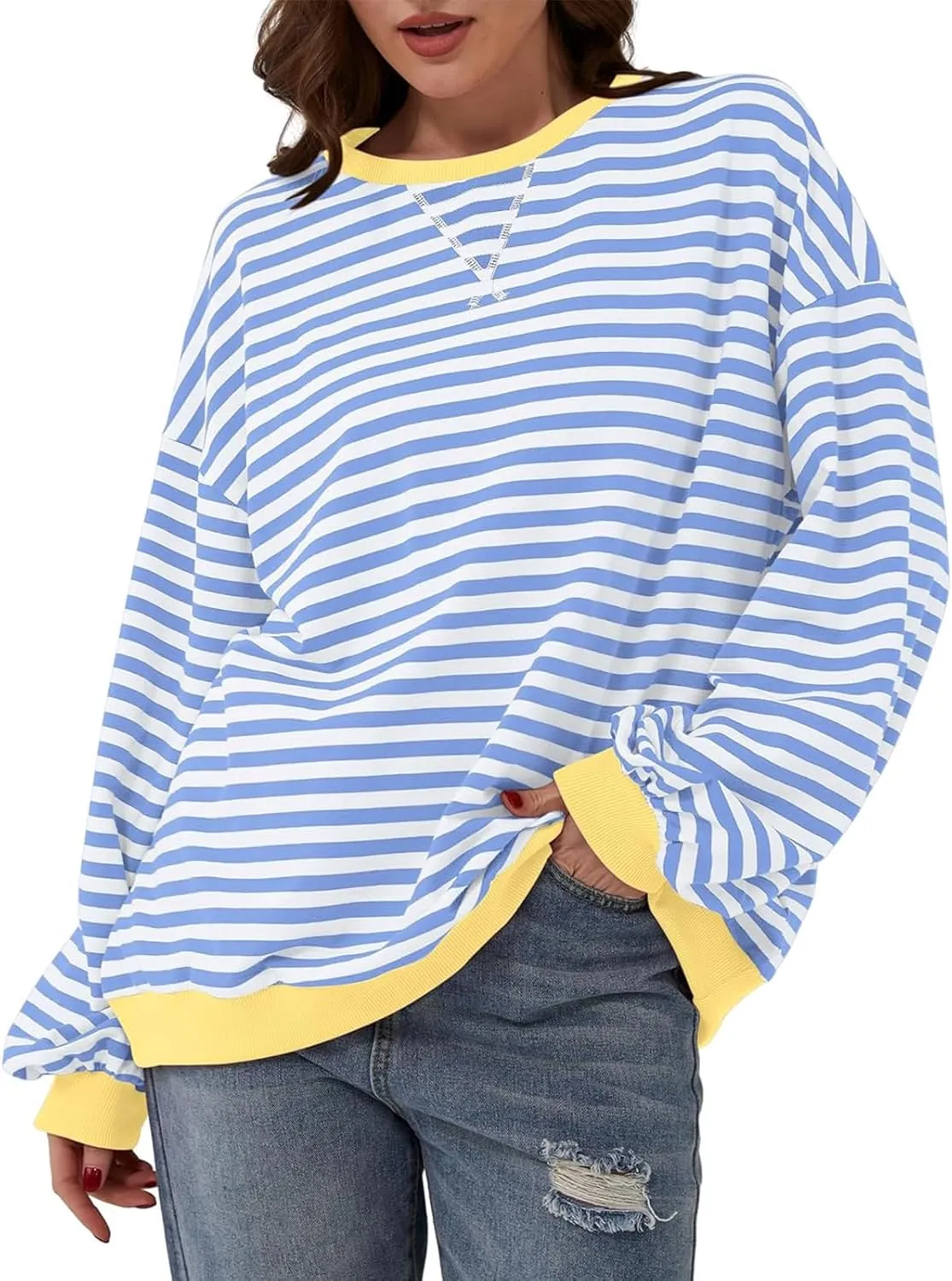 Women's Striped Oversized Sweatshirt Long Sleeve Crewneck Hoodies Shirts 2024 Y2k Casual Colorblock Pullover Top