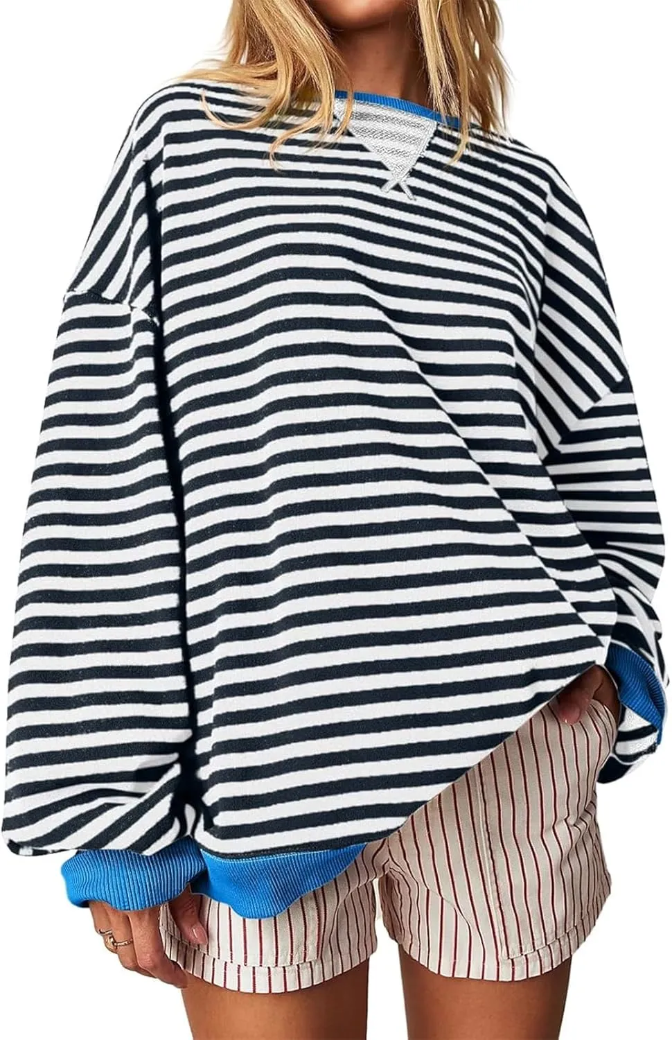 Women's Striped Oversized Sweatshirt Long Sleeve Crewneck Hoodies Shirts 2024 Y2k Casual Colorblock Pullover Top