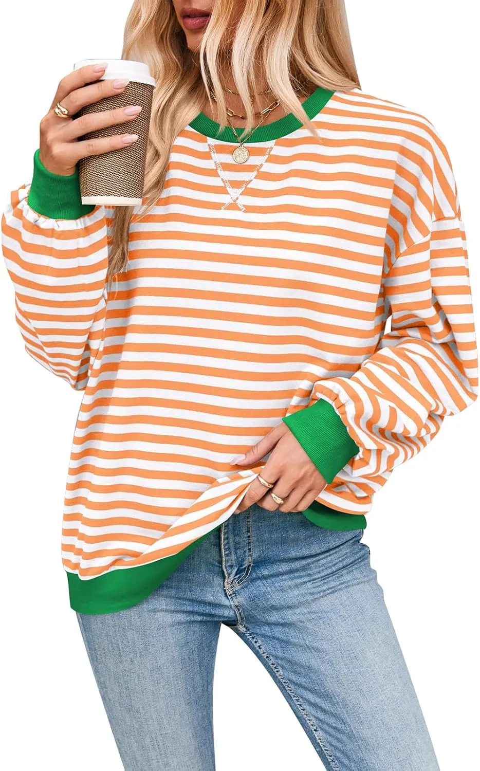 Women's Striped Oversized Sweatshirt Long Sleeve Crewneck Hoodies Shirts 2024 Y2k Casual Colorblock Pullover Top