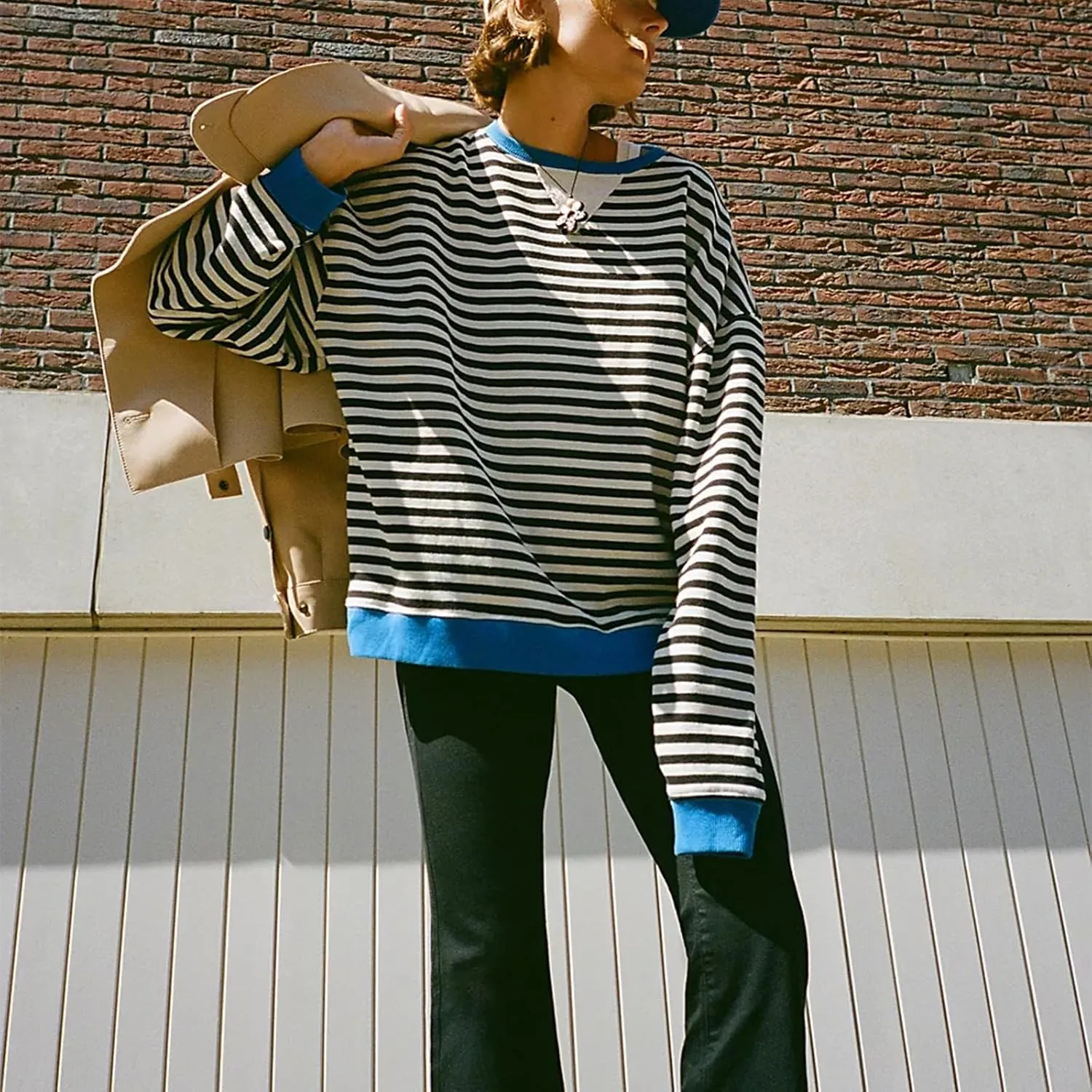 Women's Striped Oversized Sweatshirt Long Sleeve Crewneck Hoodies Shirts 2024 Y2k Casual Colorblock Pullover Top