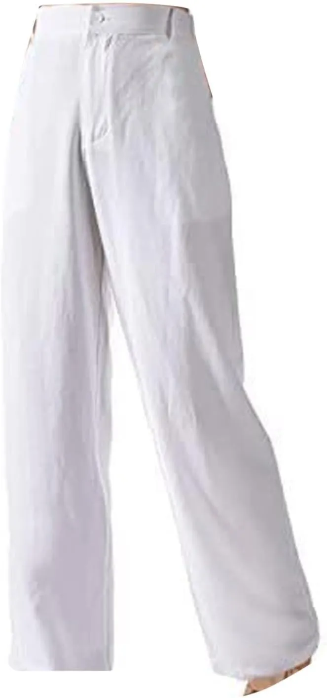 Women's Summer Casual Pants Straight Leg Solid Color Linen High Waisted Button Up Long Trousers Relaxed Fit Going Out Pants