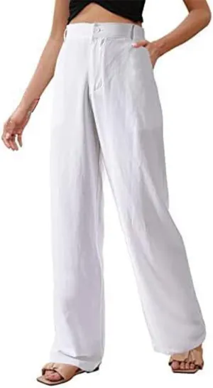 Women's Summer Casual Pants Straight Leg Solid Color Linen High Waisted Button Up Long Trousers Relaxed Fit Going Out Pants