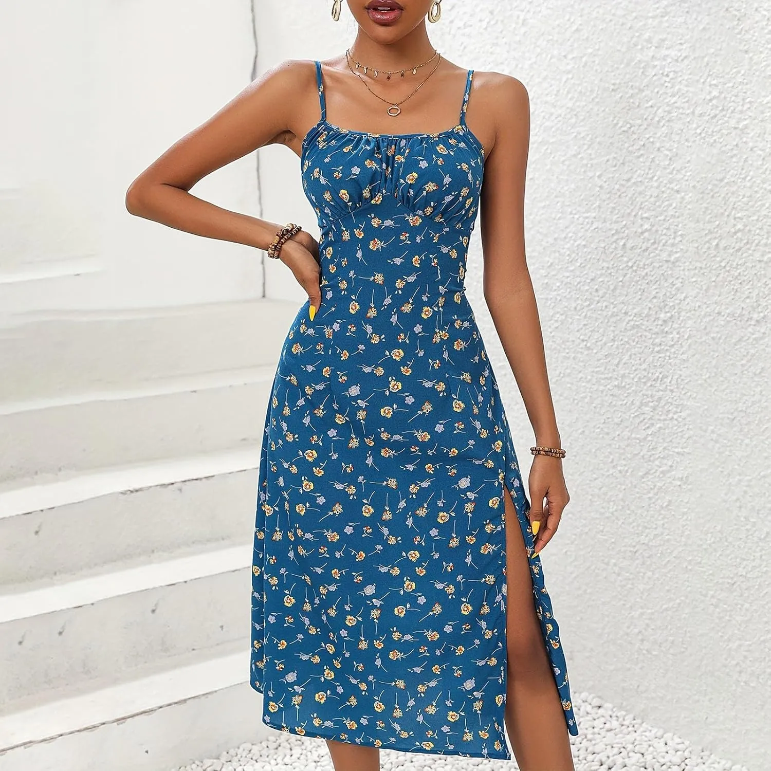 Women's Summer Casual Square Neck Dress with Pocket Cute Sleeveless High Waist A-Line Sundress Midi Dresses