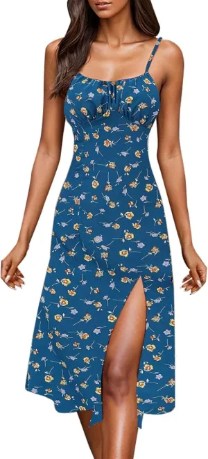 Women's Summer Casual Square Neck Dress with Pocket Cute Sleeveless High Waist A-Line Sundress Midi Dresses