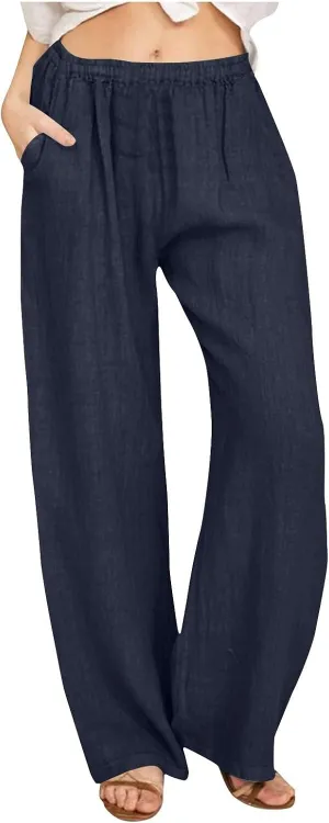 Womens Summer Cotton Linen Pants Casual Wide Leg Drawstring Waist Palazzo Pant Loose Beach Lounge Trousers