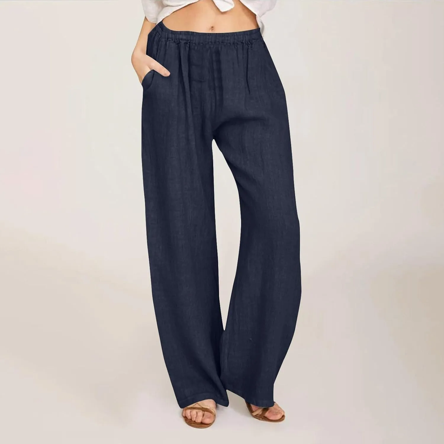 Womens Summer Cotton Linen Pants Casual Wide Leg Drawstring Waist Palazzo Pant Loose Beach Lounge Trousers