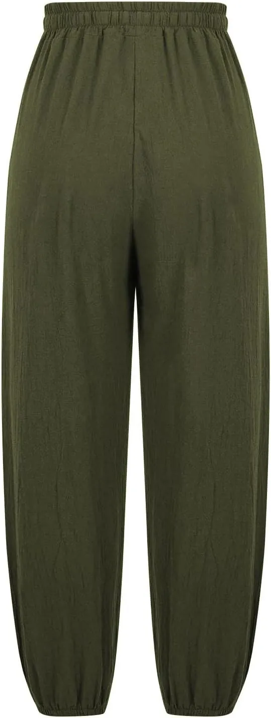 Women's Summer Cropped Pant Casual Love Heart Printed Drawstring High Waist Pants Cotton Linen Breathable Trousers