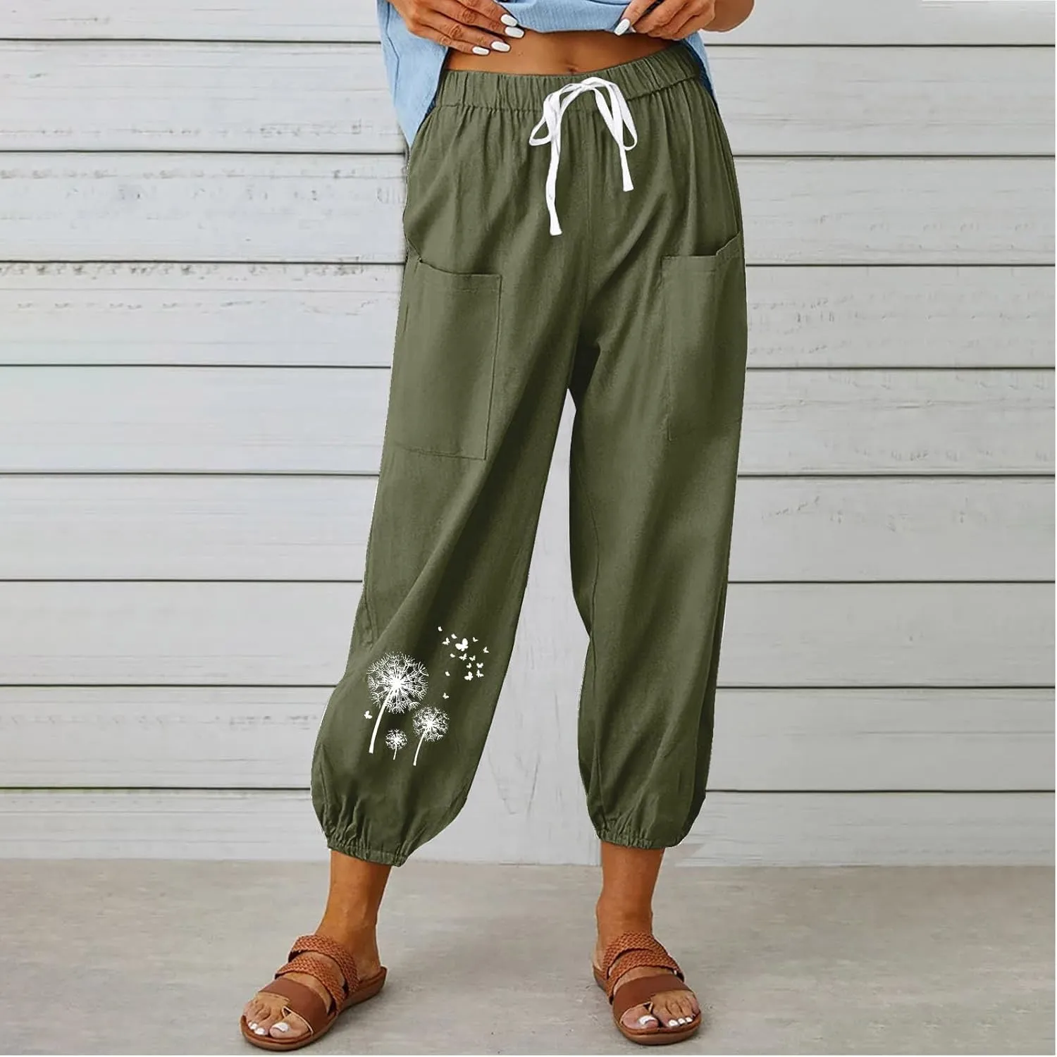 Women's Summer Cropped Pant Casual Love Heart Printed Drawstring High Waist Pants Cotton Linen Breathable Trousers