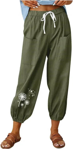 Women's Summer Cropped Pant Casual Love Heart Printed Drawstring High Waist Pants Cotton Linen Breathable Trousers