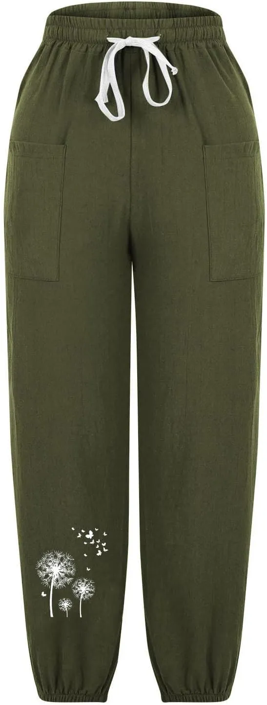 Women's Summer Cropped Pant Casual Love Heart Printed Drawstring High Waist Pants Cotton Linen Breathable Trousers