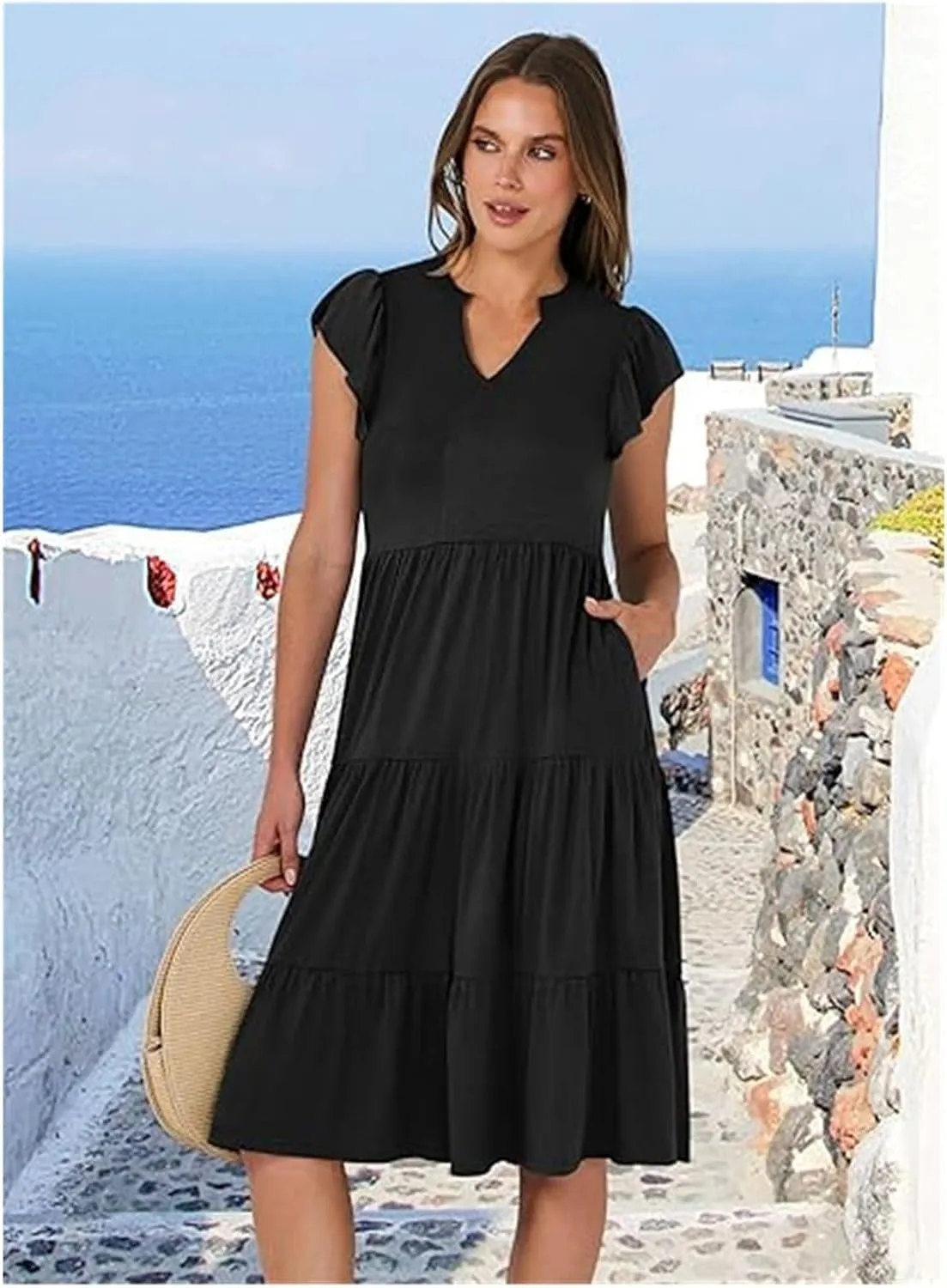 Womens Summer Dress Ruffle Sleeve V Neck Midi Dresses, Boho Beach Vacation Sundress