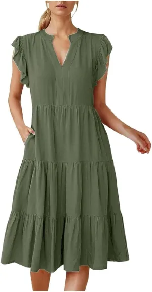 Womens Summer Dress Ruffle Sleeve V Neck Midi Dresses, Boho Beach Vacation Sundress