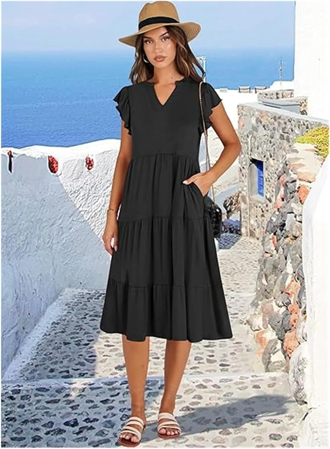 Womens Summer Dress Ruffle Sleeve V Neck Midi Dresses, Boho Beach Vacation Sundress