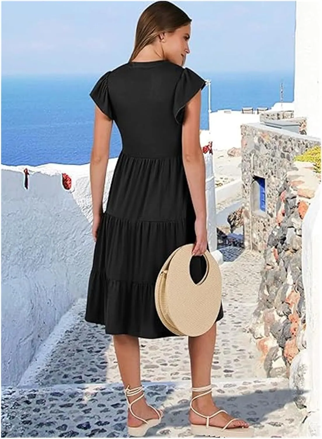 Womens Summer Dress Ruffle Sleeve V Neck Midi Dresses, Boho Beach Vacation Sundress