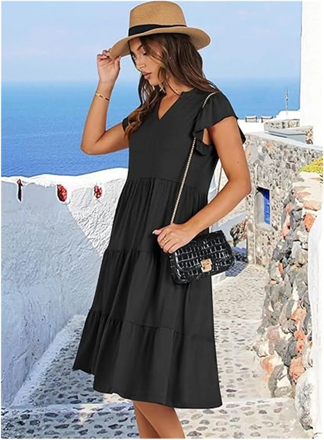 Womens Summer Dress Ruffle Sleeve V Neck Midi Dresses, Boho Beach Vacation Sundress