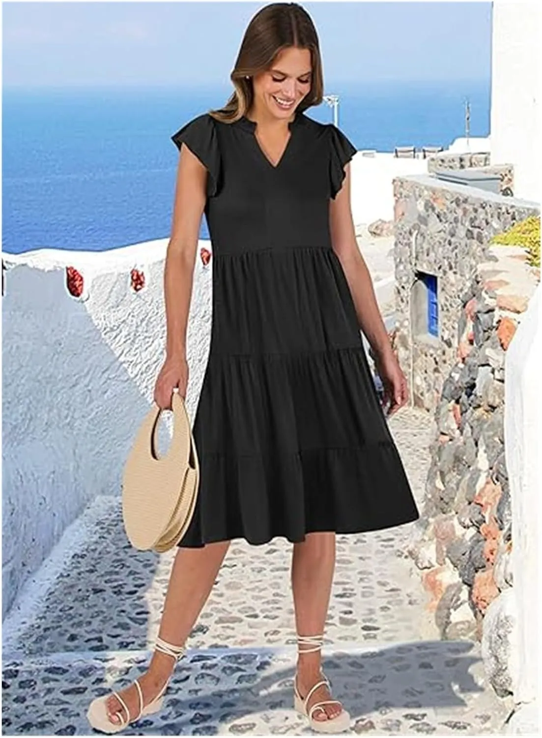 Womens Summer Dress Ruffle Sleeve V Neck Midi Dresses, Boho Beach Vacation Sundress