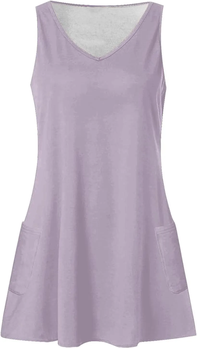 Womens Summer Dresses 2025 Loose V Neck Sleeveless Sundresses Swimsuit Coverup with Pockets Floral/Plain/Eyelet