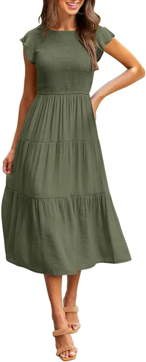 Women's Summer Floral Boho Dress Wrap V Neck Short Sleeve Ruffle A-Line Flowy Maxi Wedding Guest Dresses