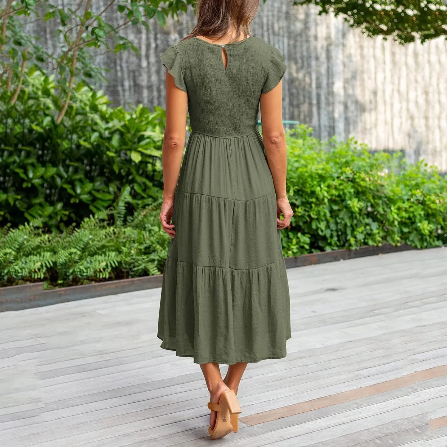 Women's Summer Floral Boho Dress Wrap V Neck Short Sleeve Ruffle A-Line Flowy Maxi Wedding Guest Dresses