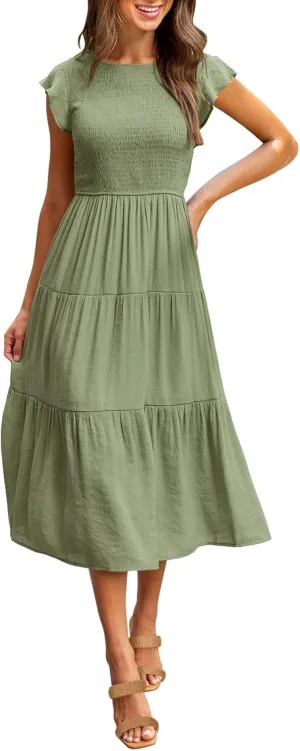 Women's Summer Floral Boho Dress Wrap V Neck Short Sleeve Ruffle A-Line Flowy Maxi Wedding Guest Dresses