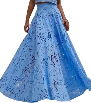 Women's Summer Long Skirt - Lace Embroidery Skirt with Pocket Casual Vacation Club Party Dress 2025(Blue,Large)