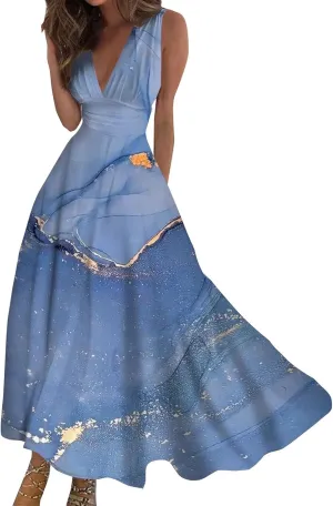 WomenS Summer Loose Boho Flowy Wrap V Neck Sleeveless Floral Print Slit Beach Wedding Guest Long Maxi Dresses