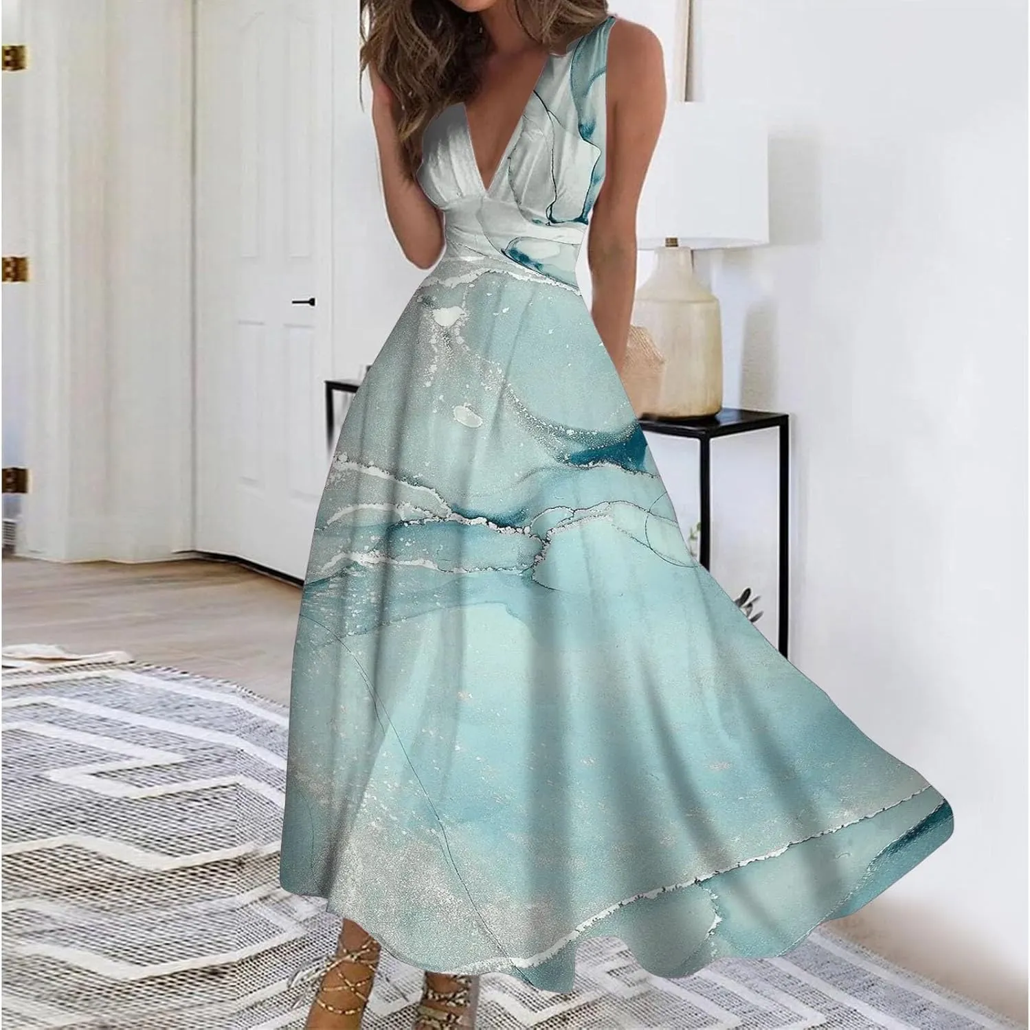 WomenS Summer Loose Boho Flowy Wrap V Neck Sleeveless Floral Print Slit Beach Wedding Guest Long Maxi Dresses