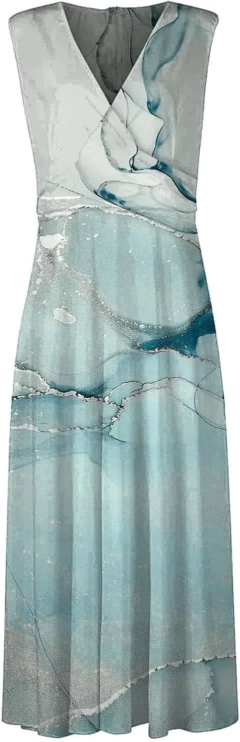 WomenS Summer Loose Boho Flowy Wrap V Neck Sleeveless Floral Print Slit Beach Wedding Guest Long Maxi Dresses