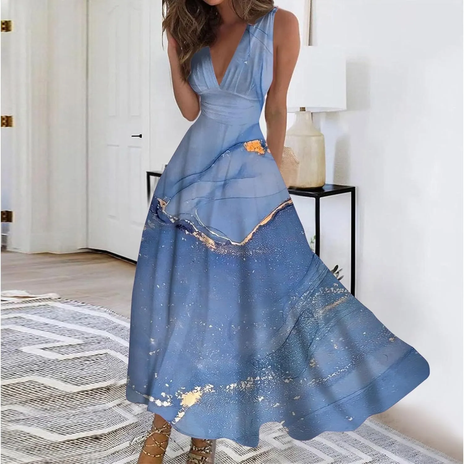 WomenS Summer Loose Boho Flowy Wrap V Neck Sleeveless Floral Print Slit Beach Wedding Guest Long Maxi Dresses