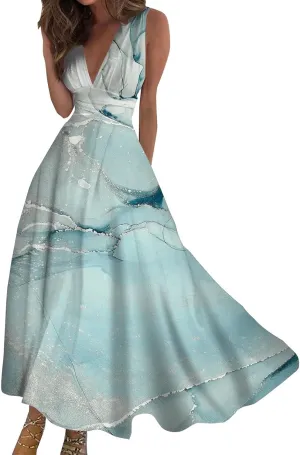 WomenS Summer Loose Boho Flowy Wrap V Neck Sleeveless Floral Print Slit Beach Wedding Guest Long Maxi Dresses