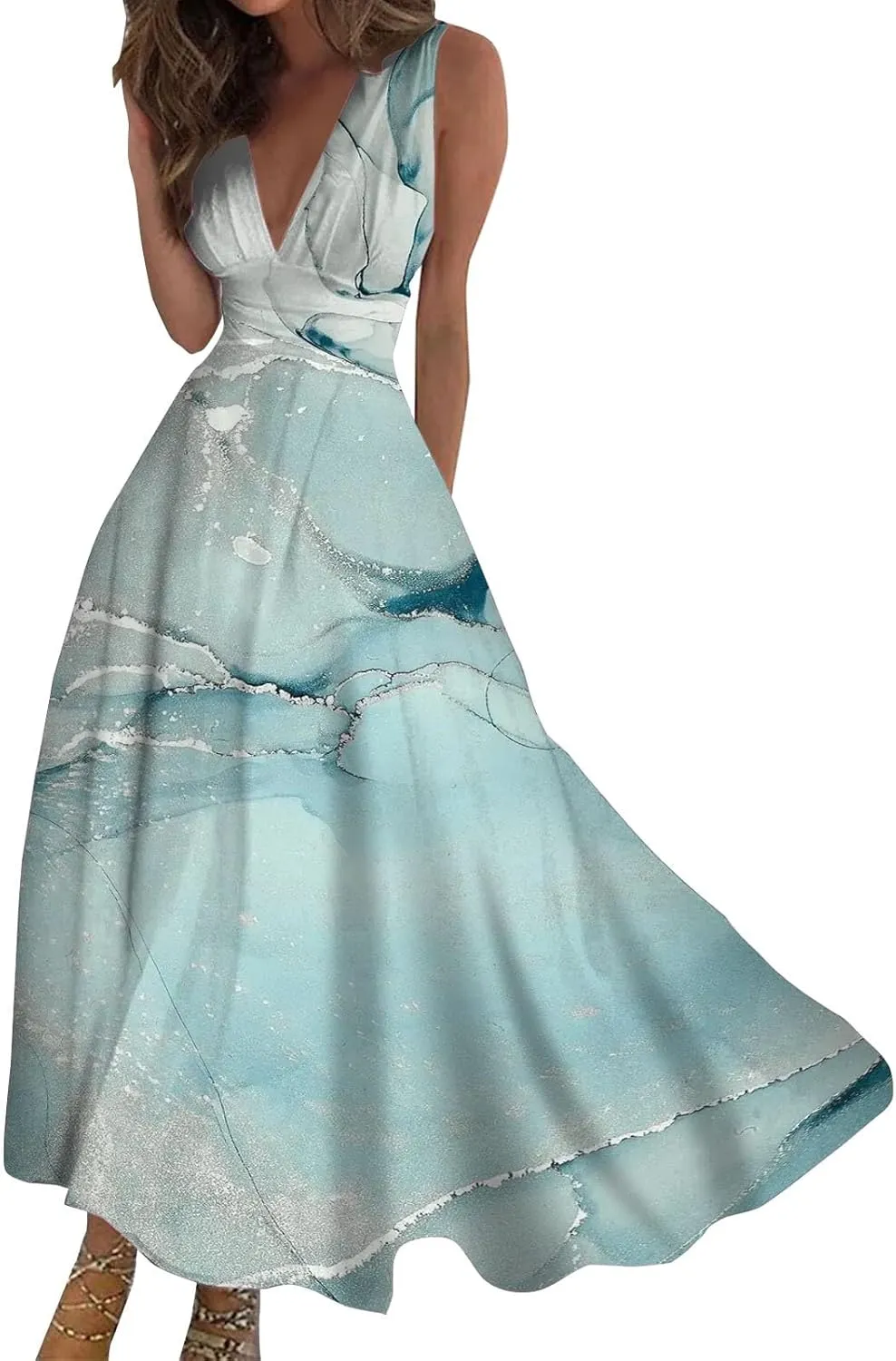 WomenS Summer Loose Boho Flowy Wrap V Neck Sleeveless Floral Print Slit Beach Wedding Guest Long Maxi Dresses